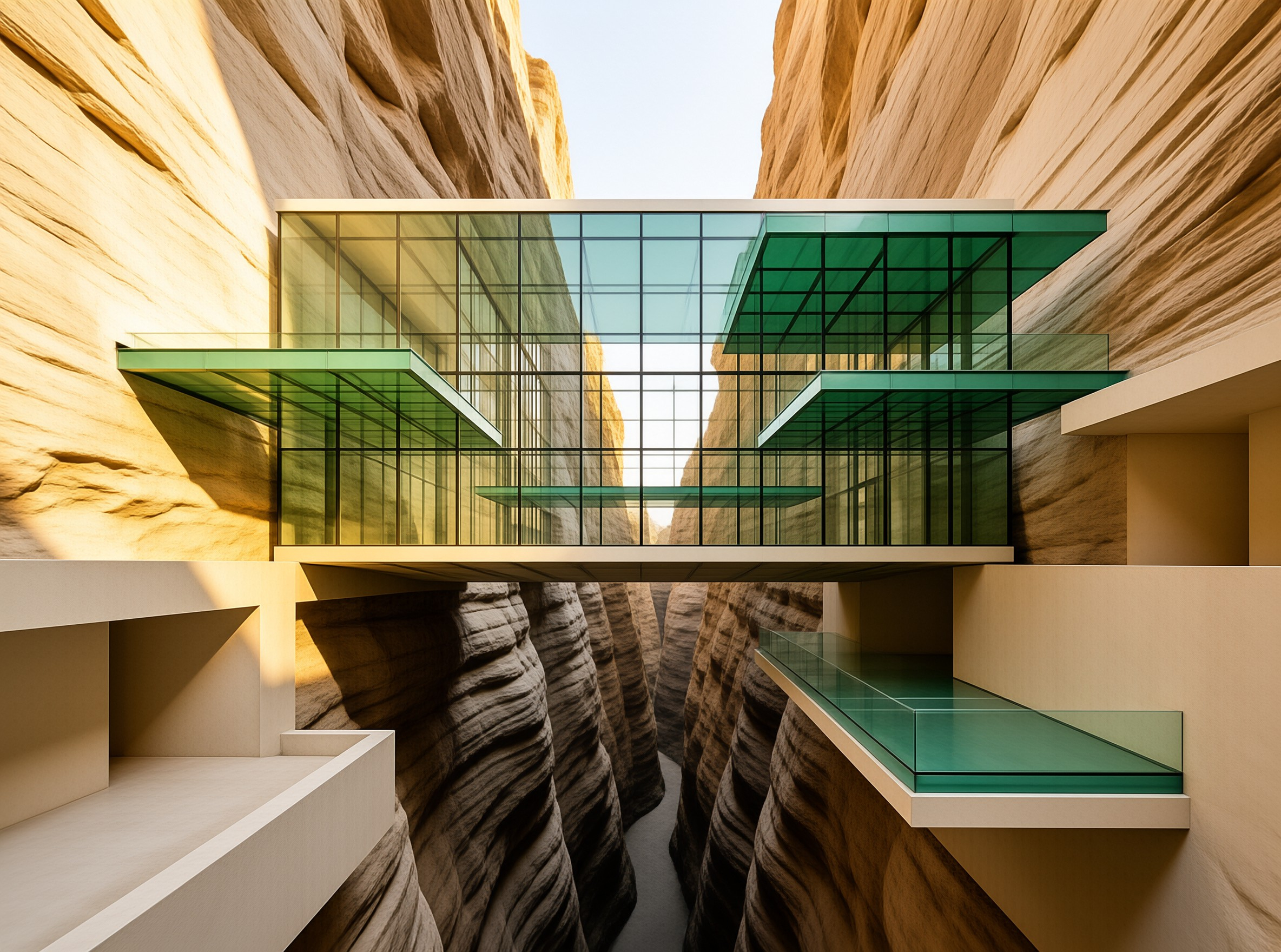 A translucent emerald glass structure spans between towering sandstone canyon walls, casting green reflections on the rock.
