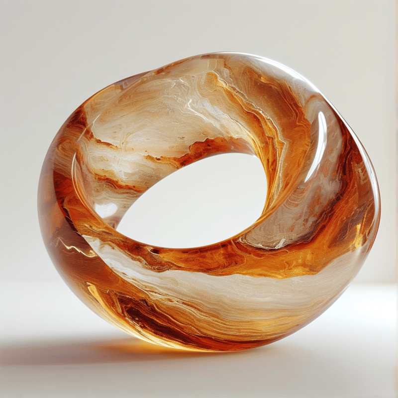 Swirled amber and cream material forms a glossy ring shape resting on a plain white surface with soft highlights.