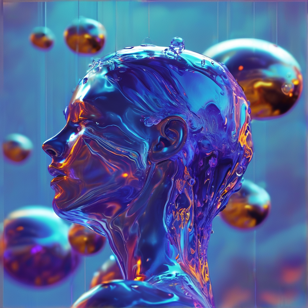 A surreal human head profile rendered in shiny blue and purple liquid metal floats among reflective spheres.
