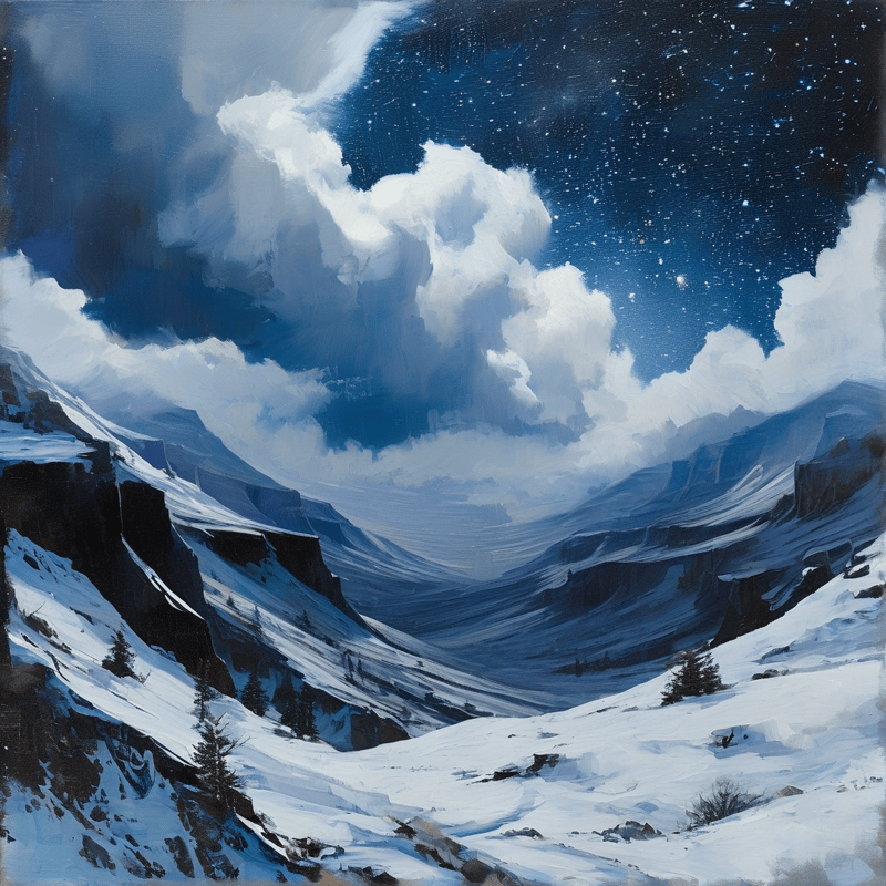 Snow-covered mountain slopes frame a valley beneath a dramatic sky filled with thick white clouds and bright stars.