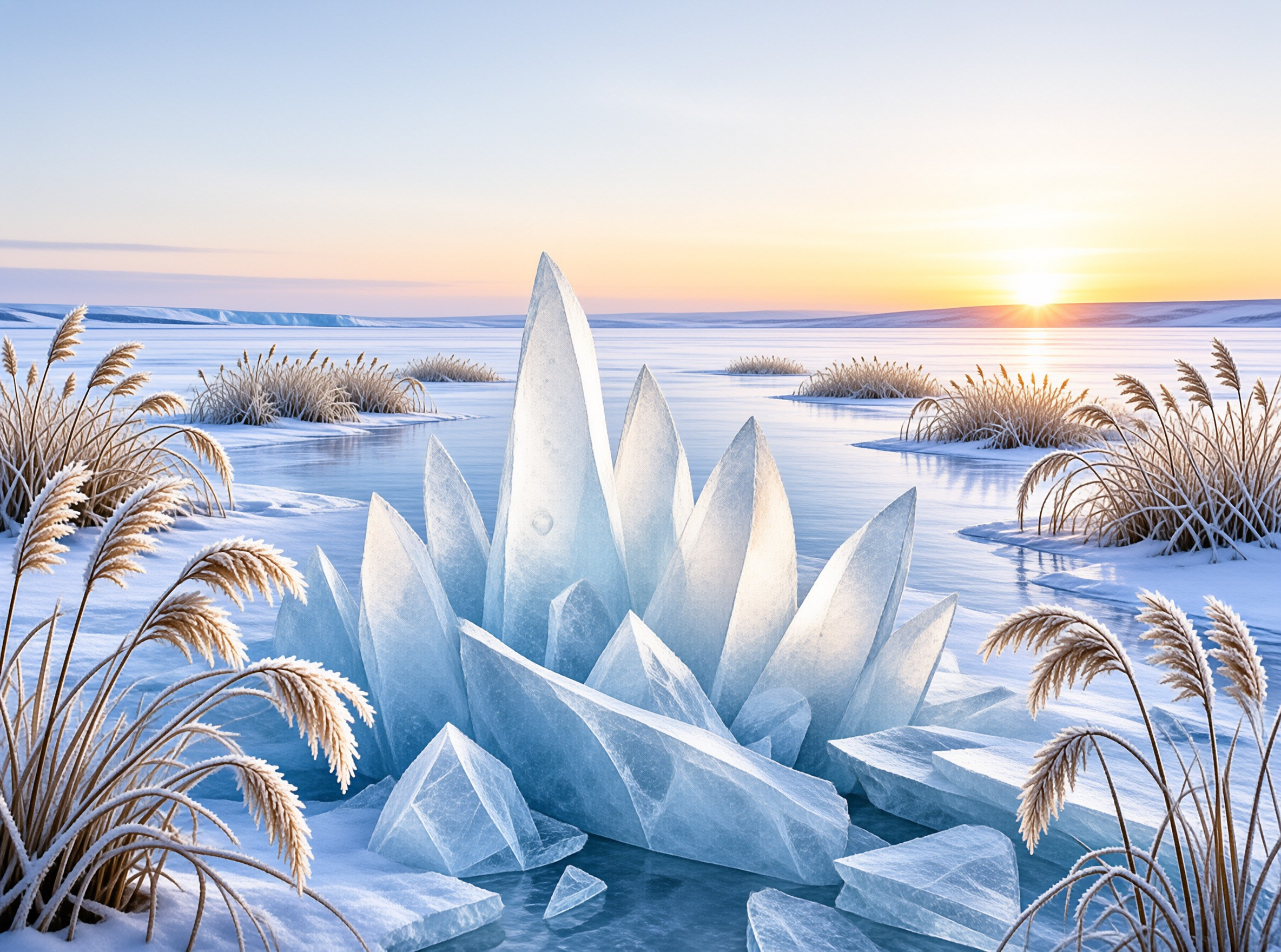 Sharp blue ice formations emerge from snow while a bright sun glows on the horizon behind frosted grasses.