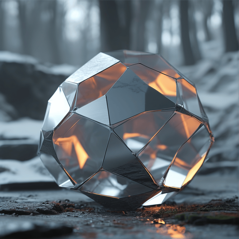 A large faceted crystal rests on the forest floor, glowing with warm orange light against a cool blue background.
