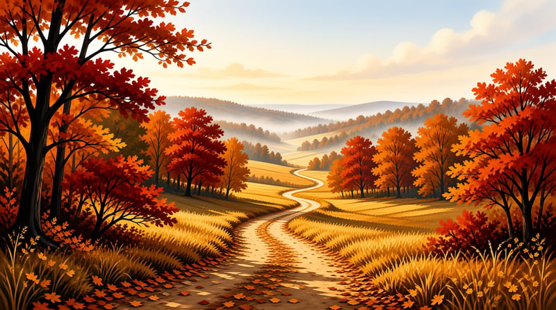 A golden road curves through a valley filled with orange trees and distant misty hills.