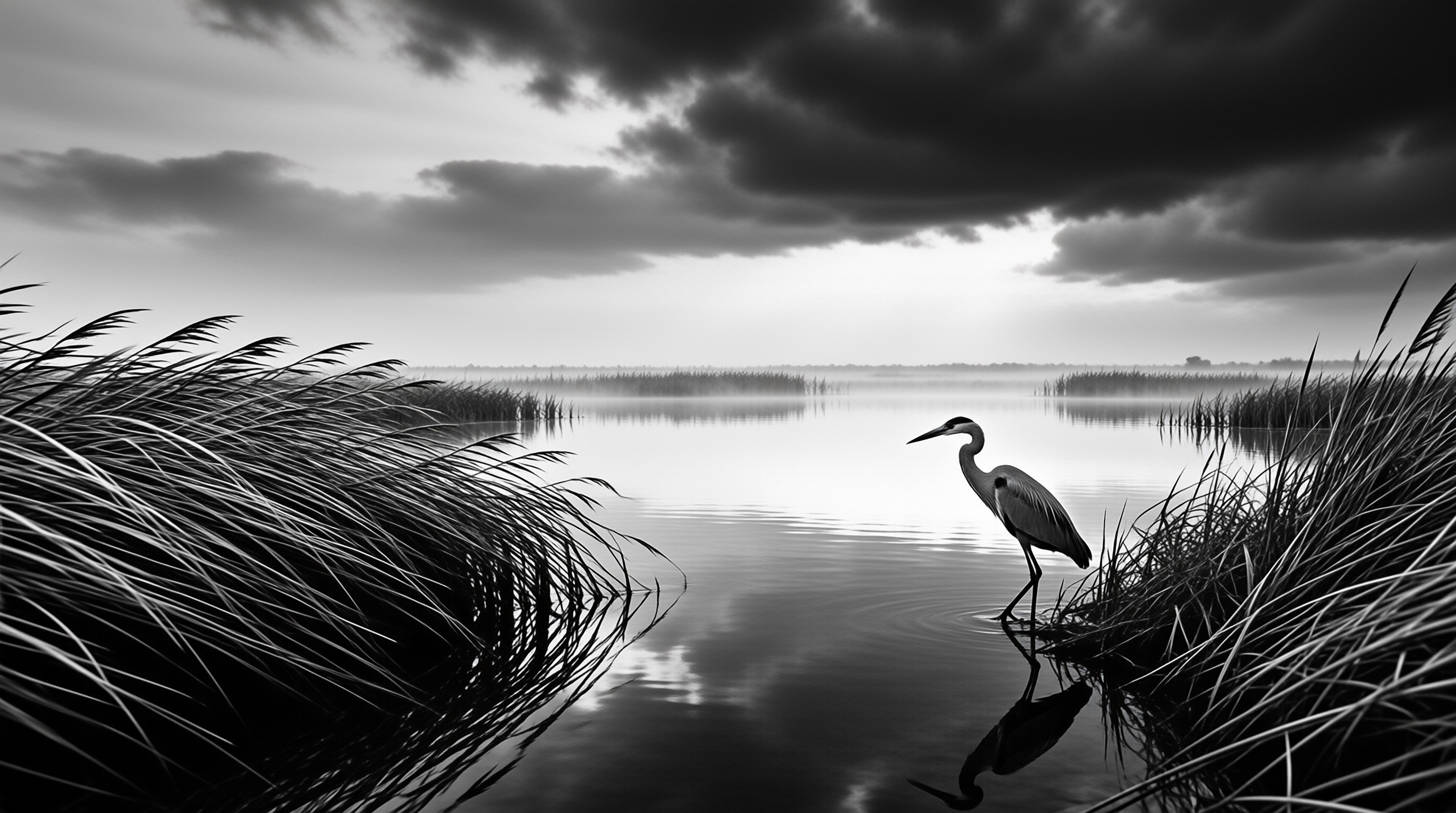 A grey heron stands in calm water framed by tall reeds beneath heavy clouds in a monochrome landscape scene.