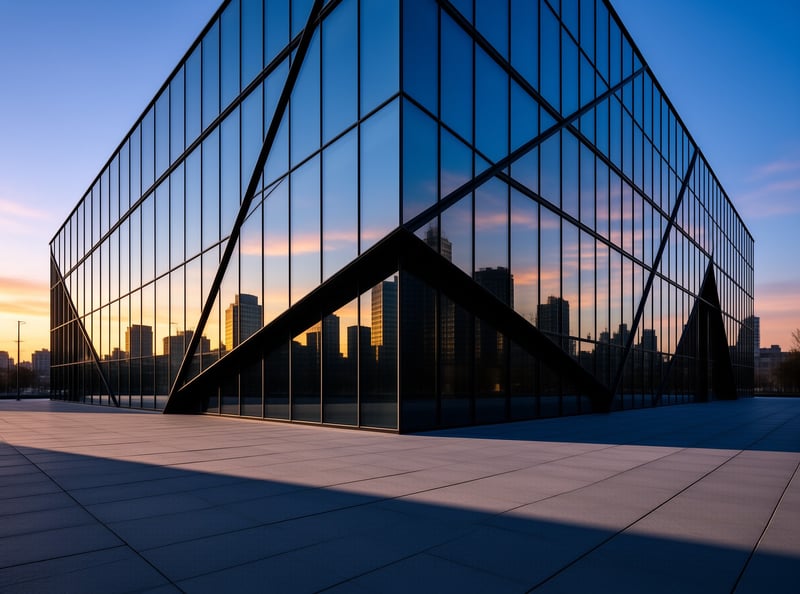 A geometric glass building stands on a paved plaza reflecting distant skyscrapers against a colorful twilight sky.