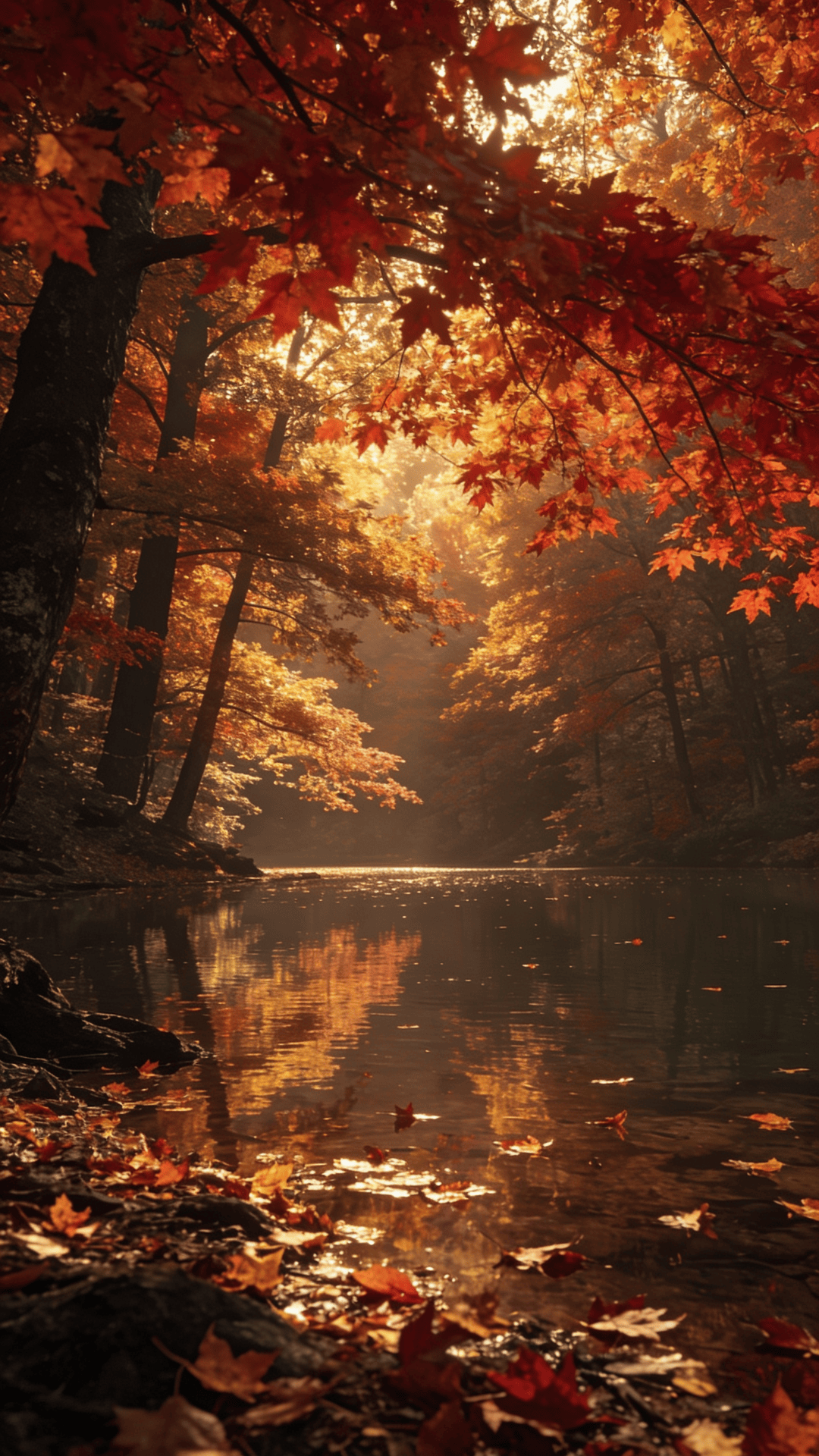 Red Maple Canopy Over a Calm Lake