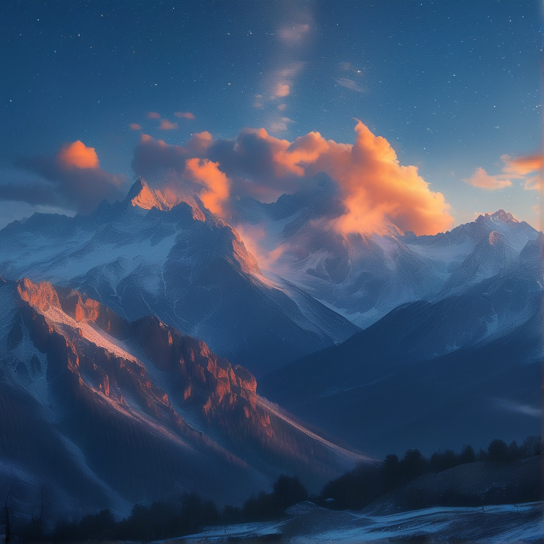 Alpenglow on Snowy Mountains