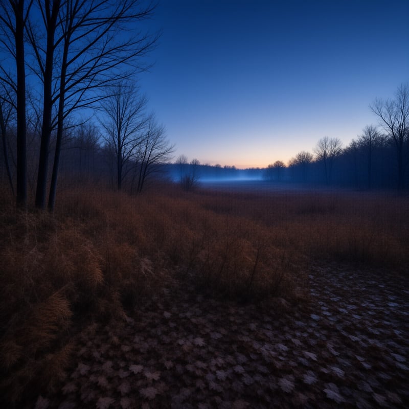 Dark trees frame a misty field under a gradient sky shifting from deep blue to faint orange light.