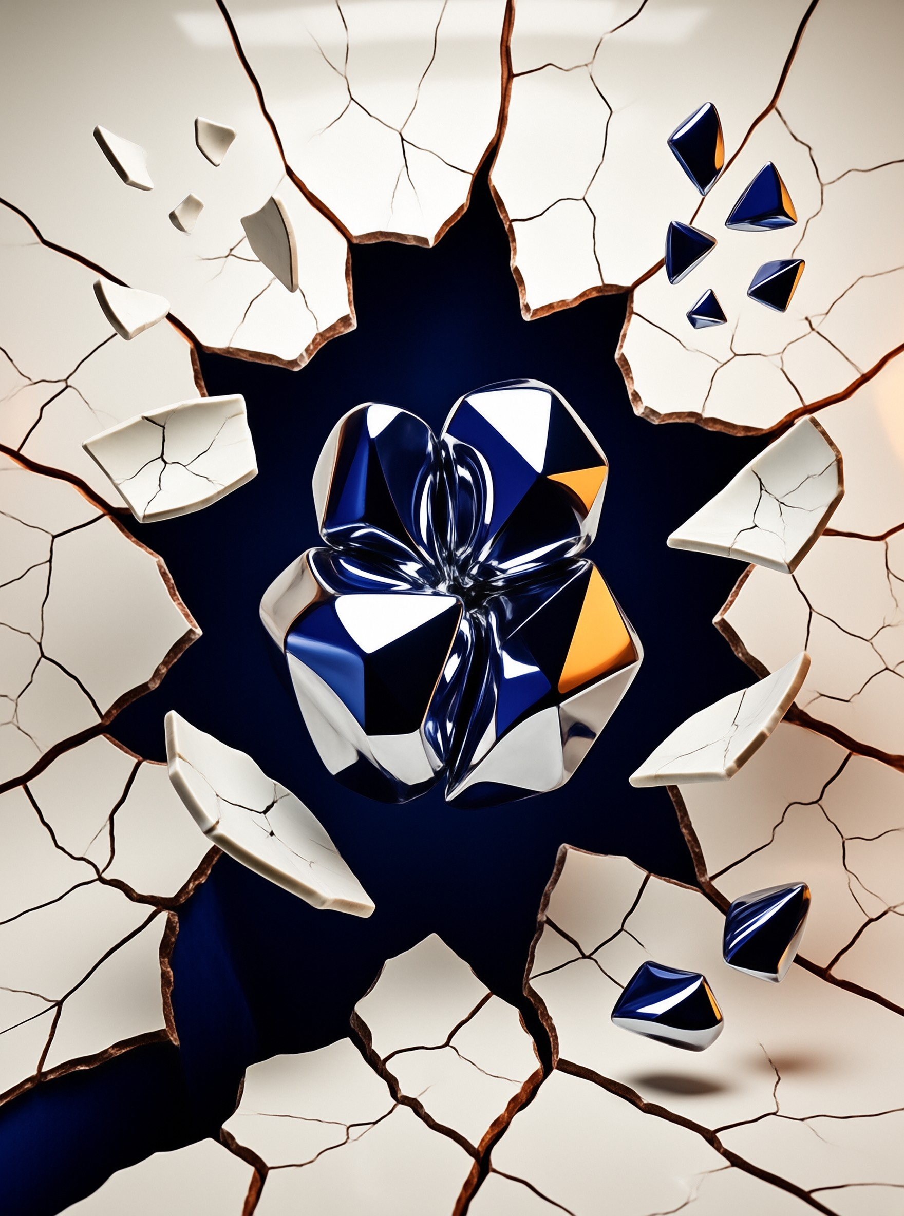A reflective blue knot emerges from a fractured white surface with scattered fragments floating nearby.