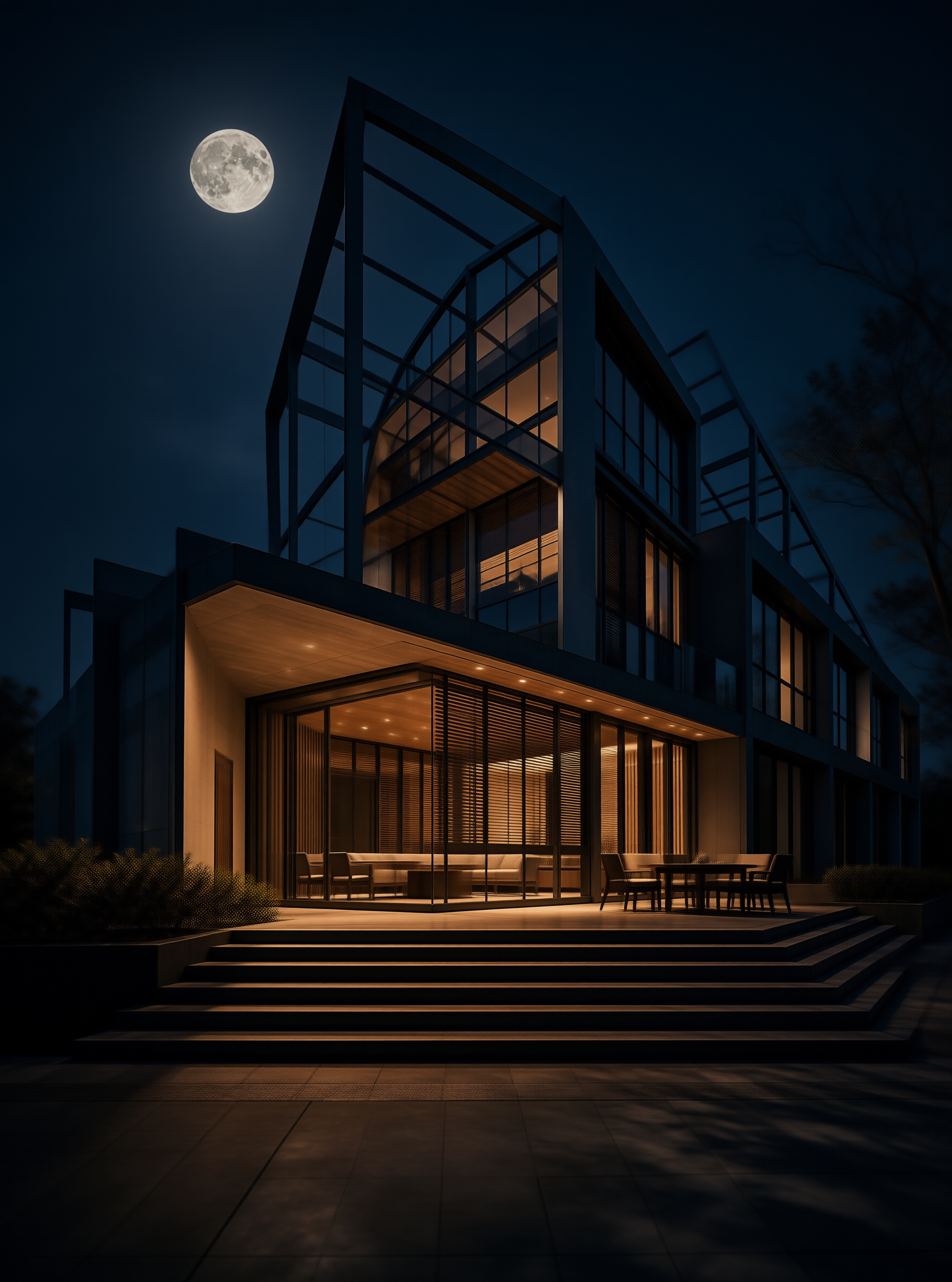 Glass Atrium Villa in Moonlit Night