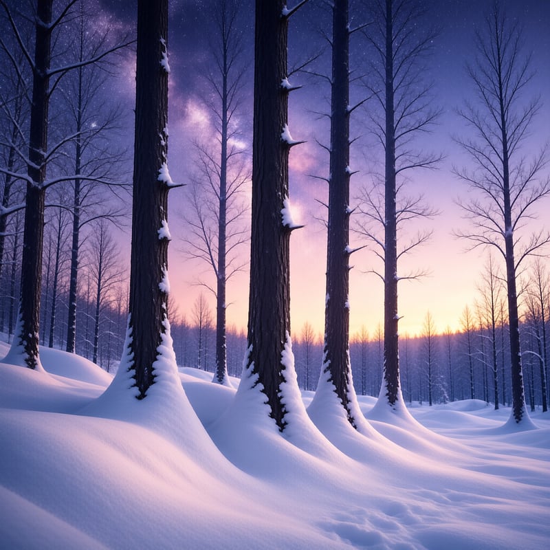 Tall dark trees rise from deep snow drifts beneath a gradient sky transitioning from orange horizon to purple stars.
