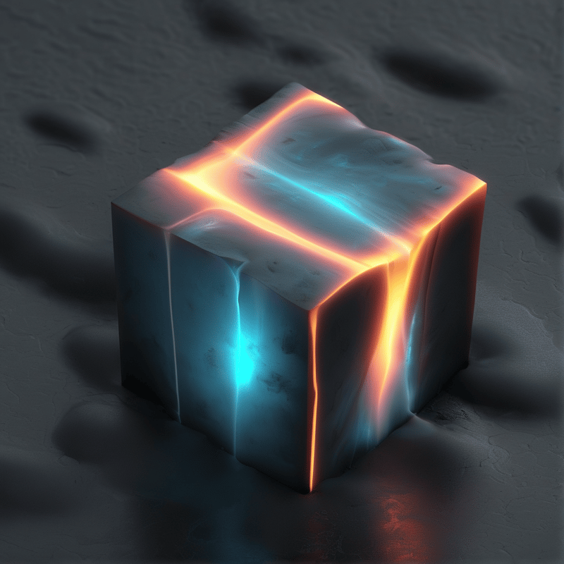 A glowing cubic block rests on uneven grey sandy terrain, edged with bright orange light and emitting inner cyan glow.