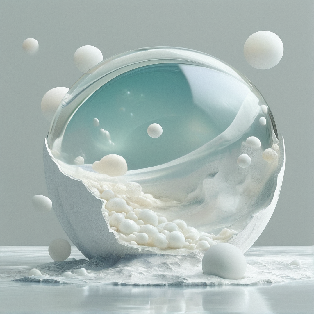 A large clear sphere filled with white spheres resting on a smooth surface with scattered orbs and soft lighting