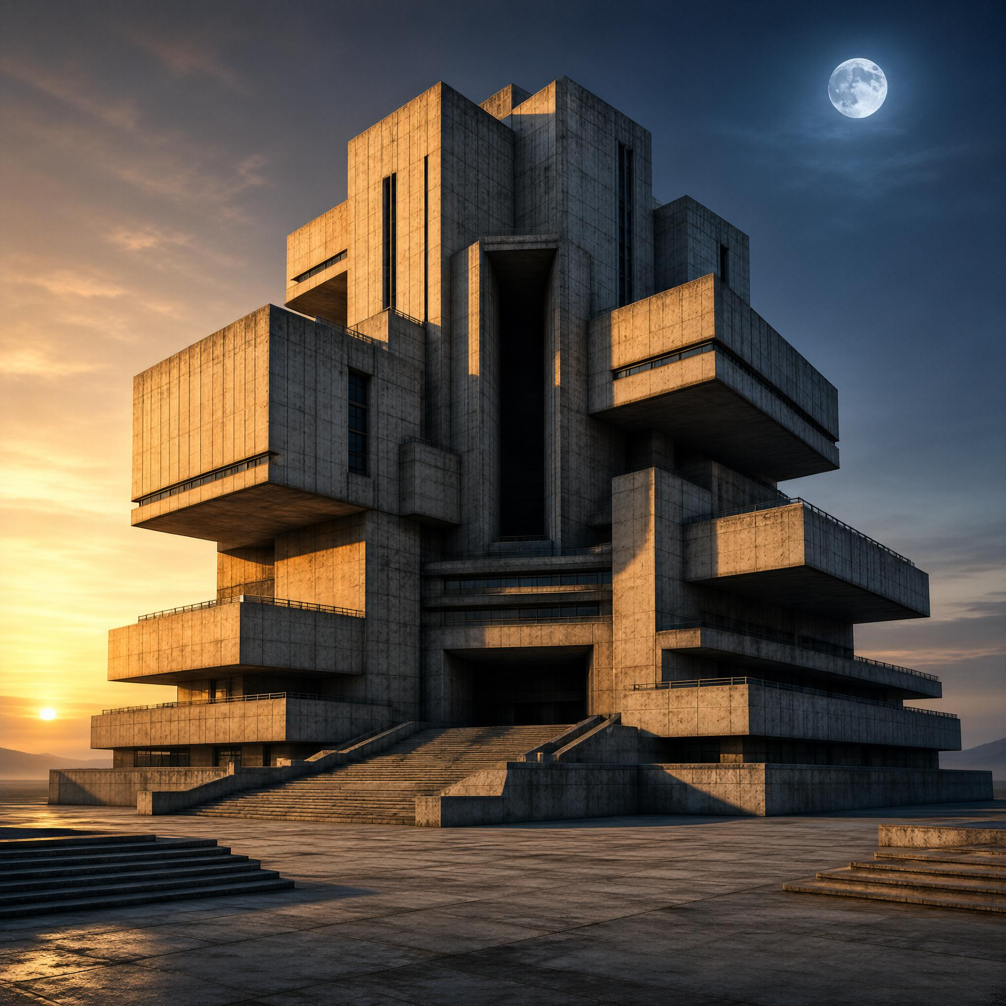 Brutalist Building at Twilight