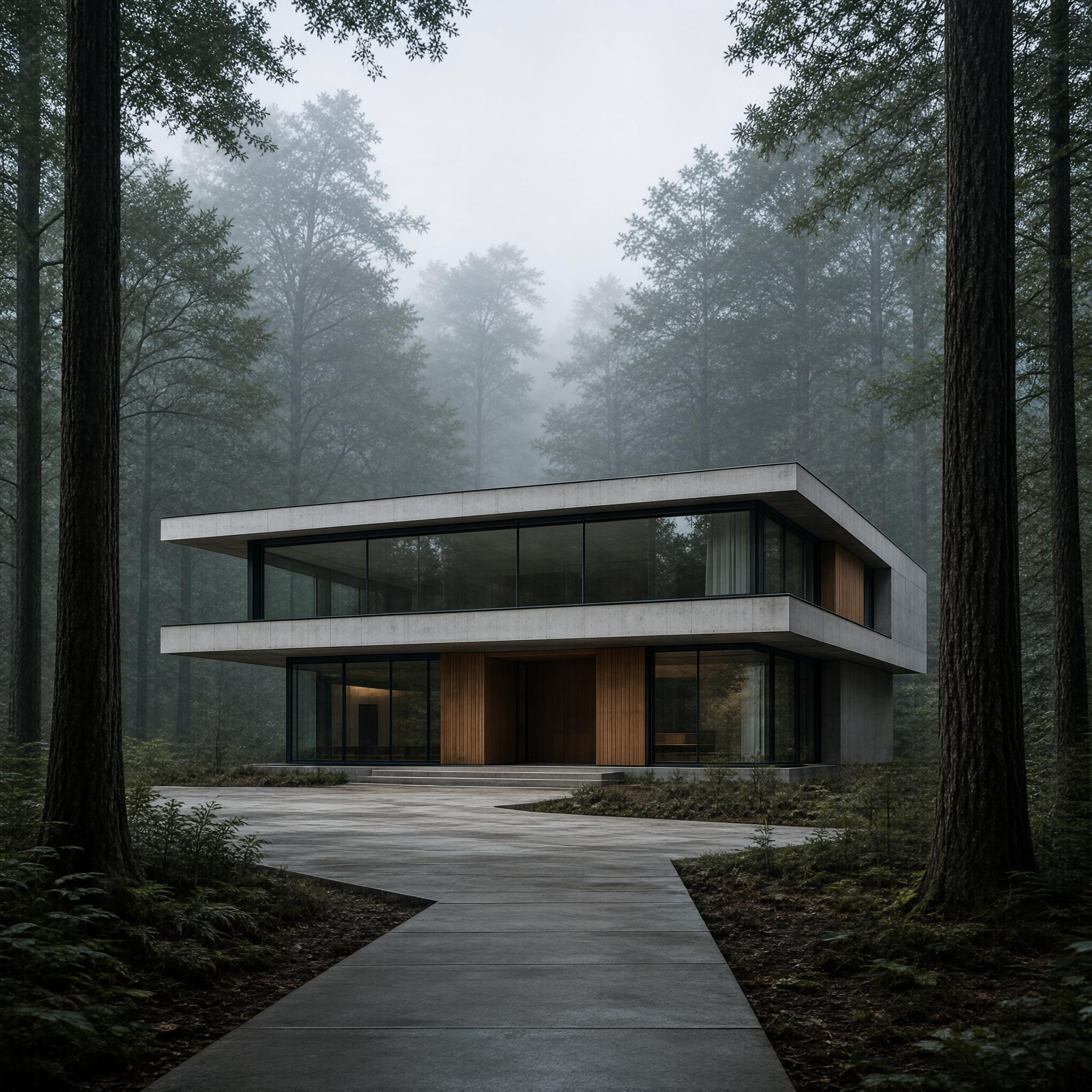 Modern Home in Misty Forest