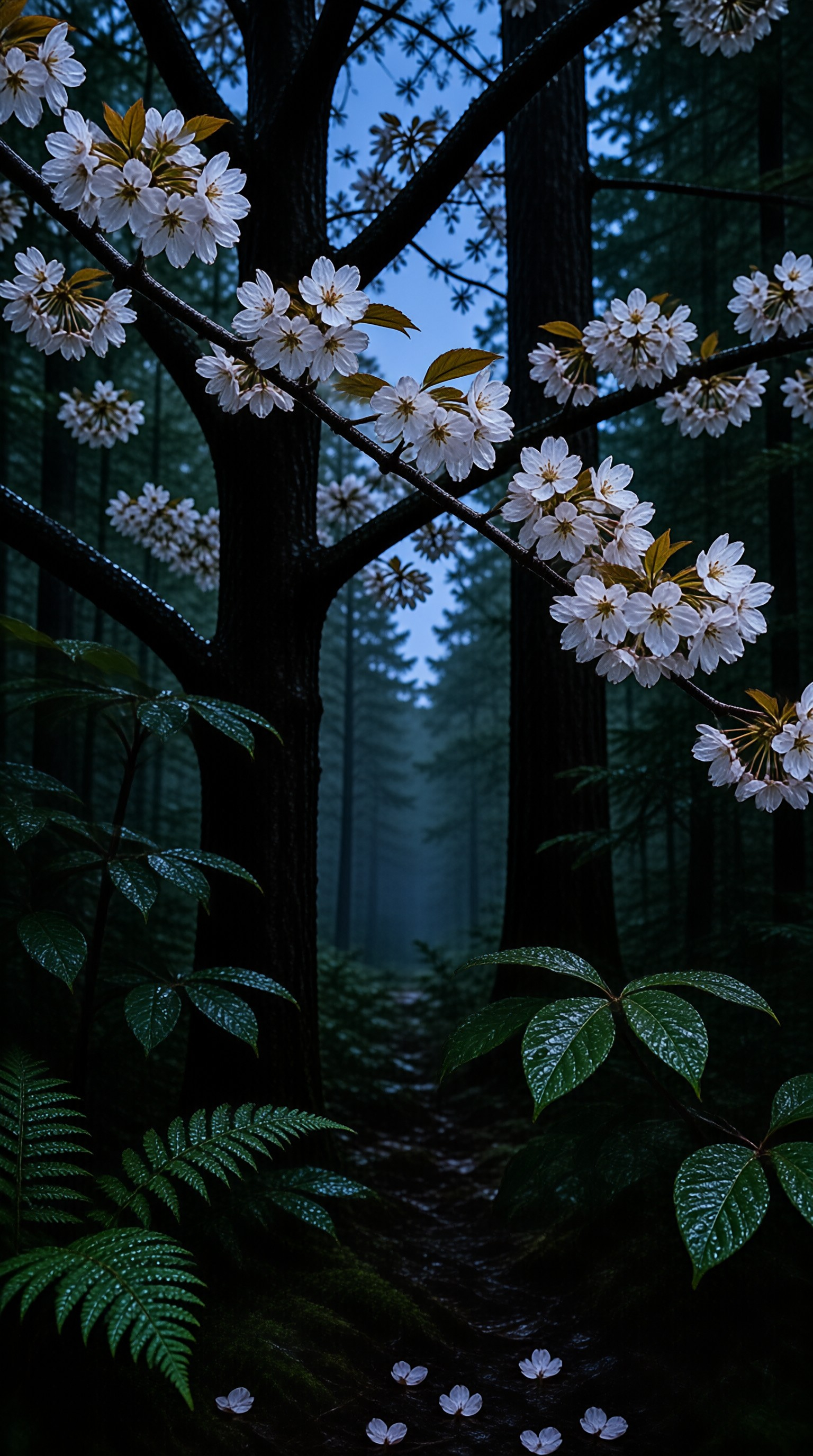 Blossom Branch in Twilight Forest Landscape