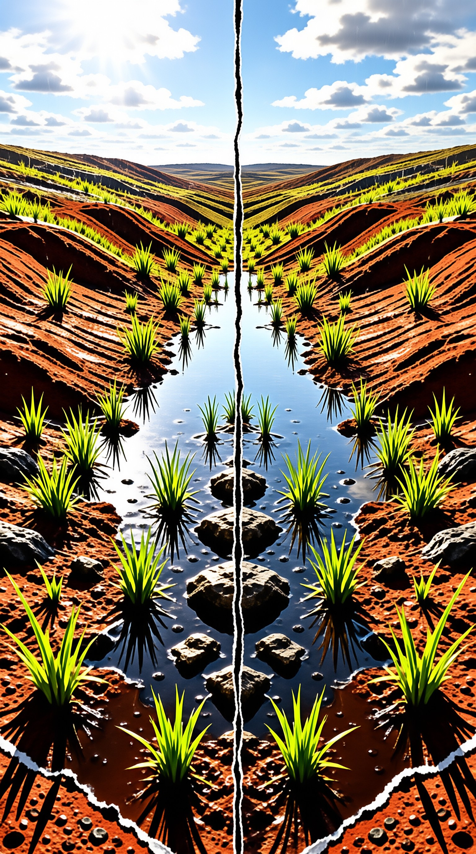 A cracked landscape revealing red soil terraces and green crop shoots mirrored in shallow water beneath a partly cloudy sky