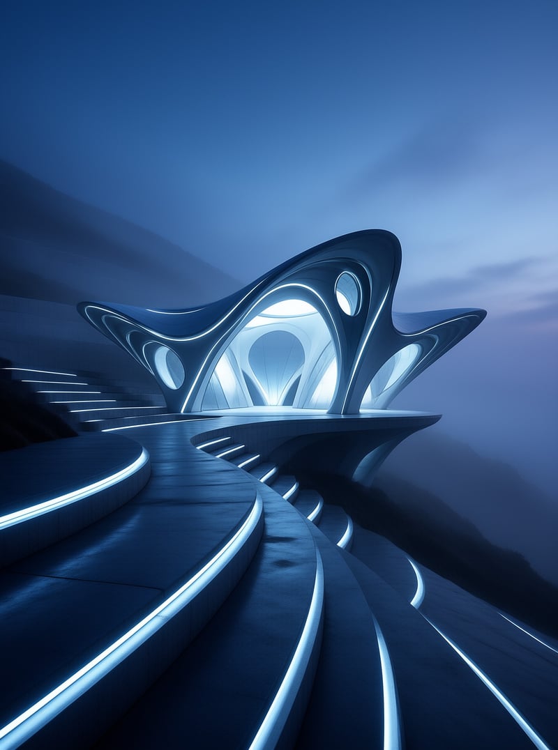 A sleek futuristic shelter with glowing blue edges sits atop a curved pathway amidst foggy mountains.