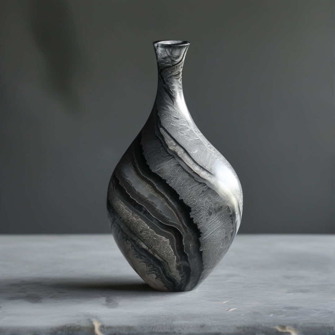 A dark, glossy vase featuring rough silver and black striations rests on a flat grey surface under diffuse studio lighting.