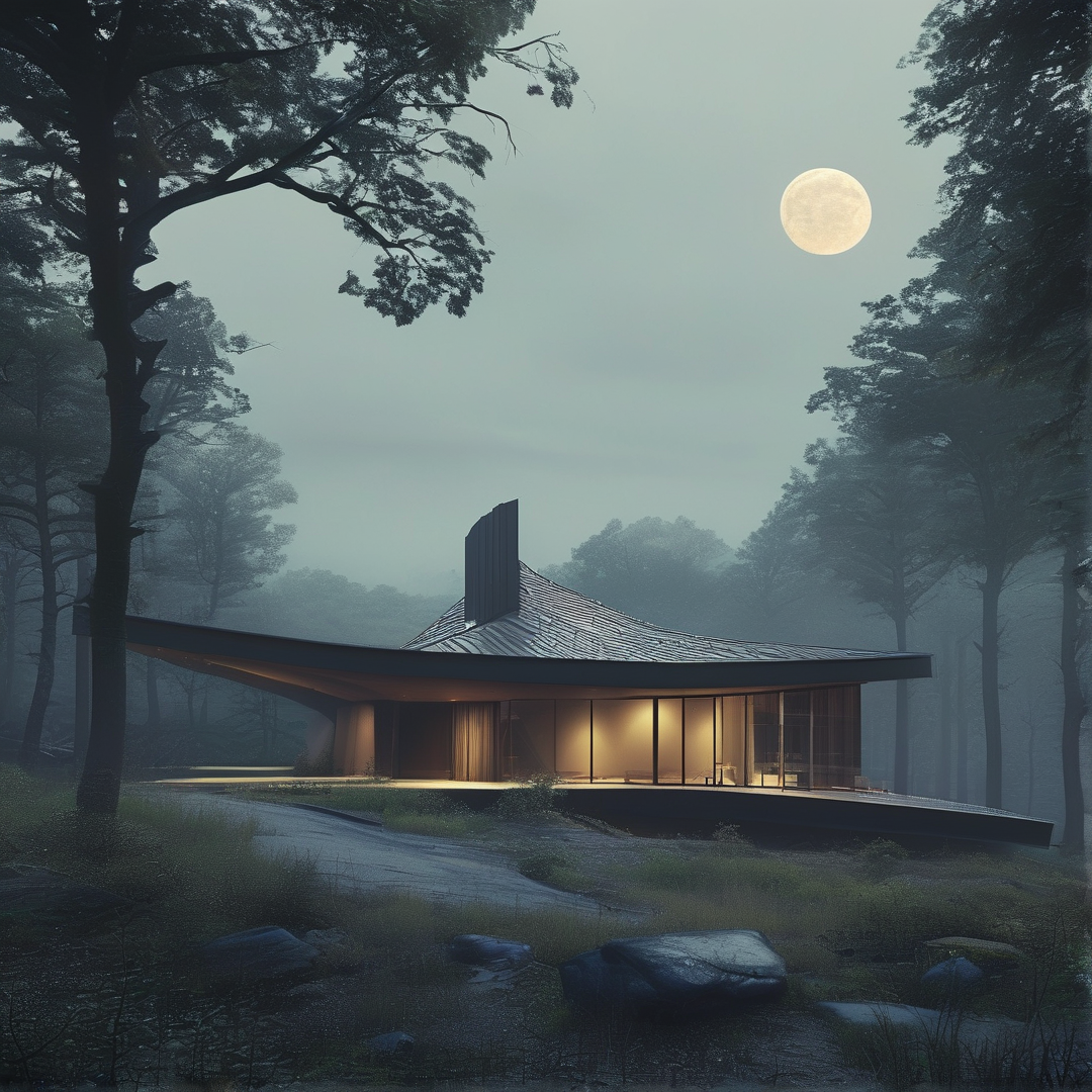 Modern Cabin in Misty Forest
