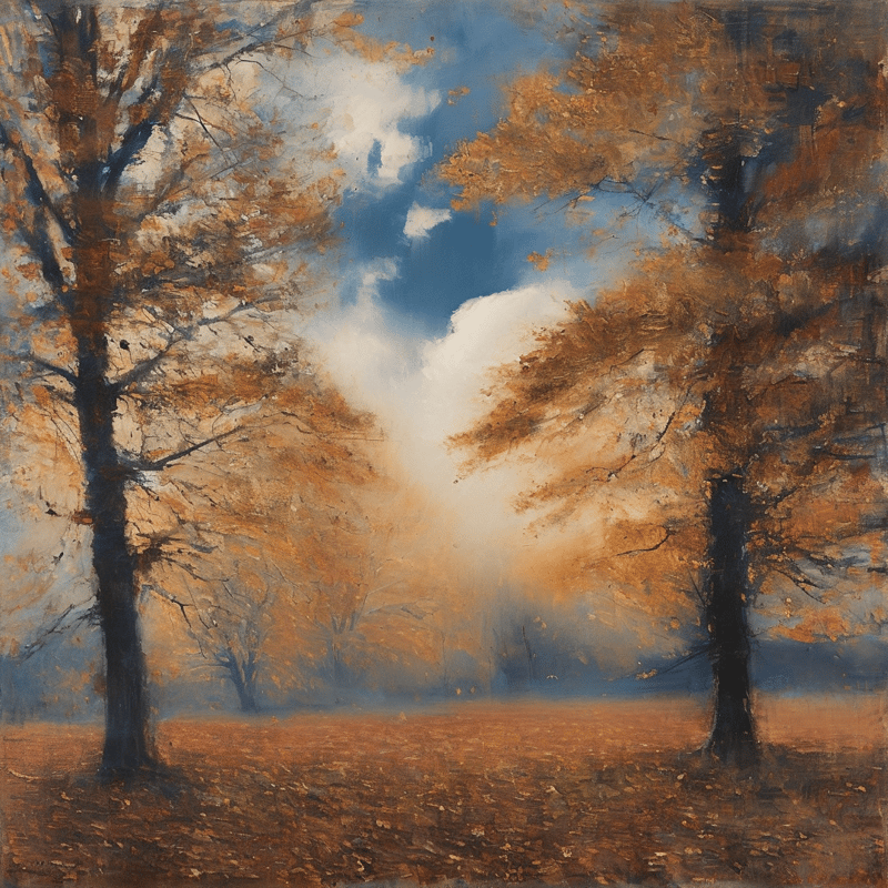Oil painting of trees with orange foliage standing in a misty field beneath a blue sky with white clouds.