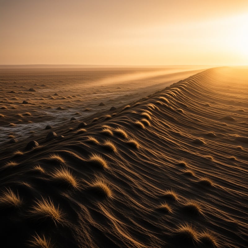 Rippled sand along a dune crest is dotted with tufts of dry grass as wind lifts glowing dust in the sunset light