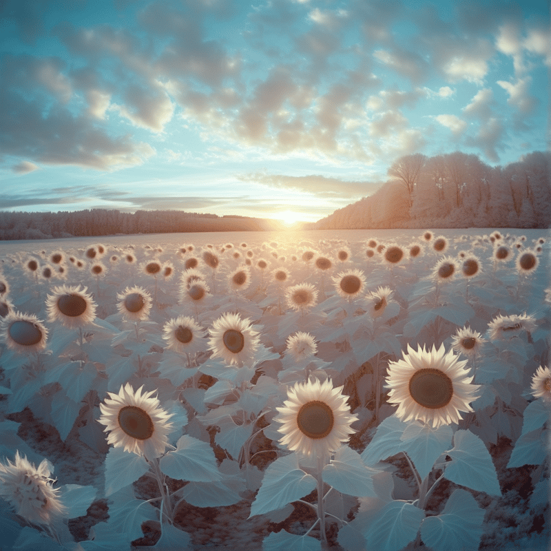 Pale silvery sunflowers with dark centers face a low glowing sun across a dreamy infrared landscape.