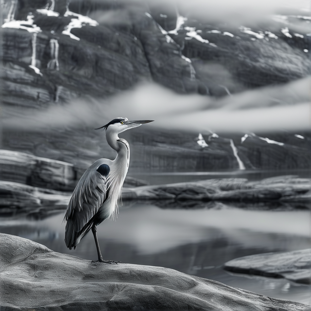 A slender heron balances on a smooth grey boulder while fog drifts across a calm alpine lake