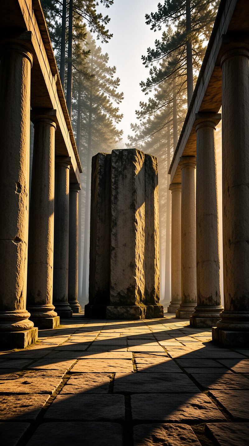 Sunlight streams through pine trees illuminating a row of weathered stone pillars and a central monolith on a paved walkway.
