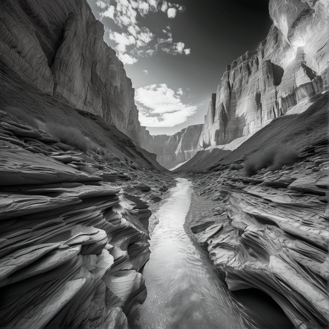 A black and white image shows a river winding through a deep canyon with steep layered rock walls and cloudy sky above.