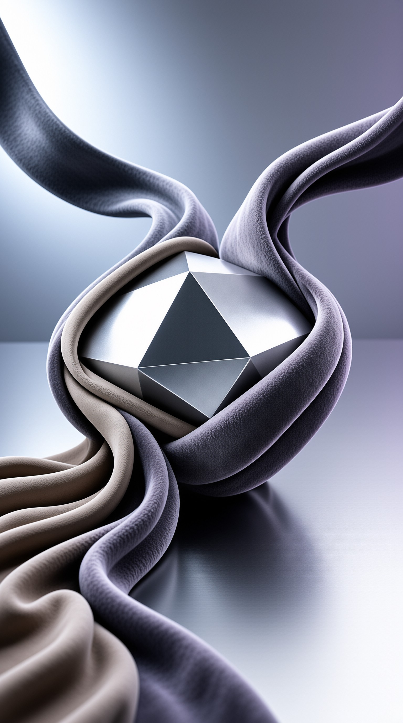A shiny low poly geometric form sits within twisting loops of purple and beige fabric under soft illumination.