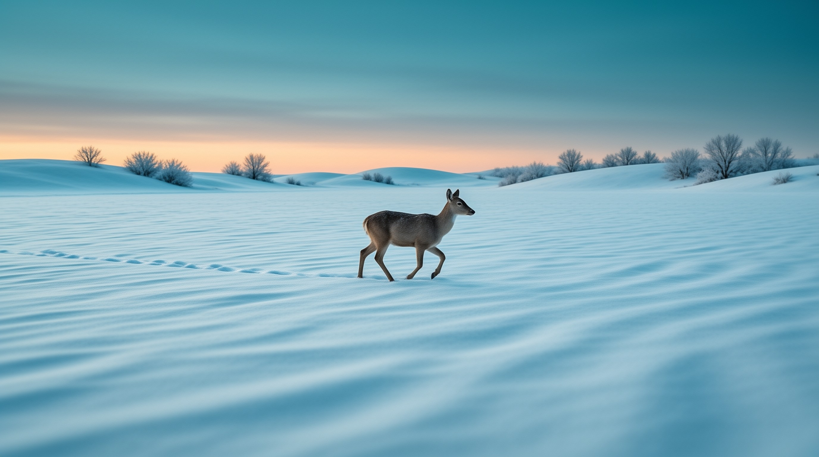 A single pronghorn moves across rippled blue snow under a twilight sky with a warm peach horizon glow.