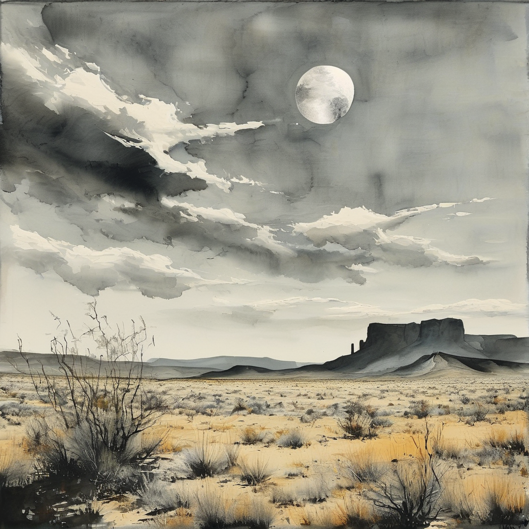 Dry scrub vegetation frames a distant mesa rising under a cloudy sky illuminated by a large bright moon.