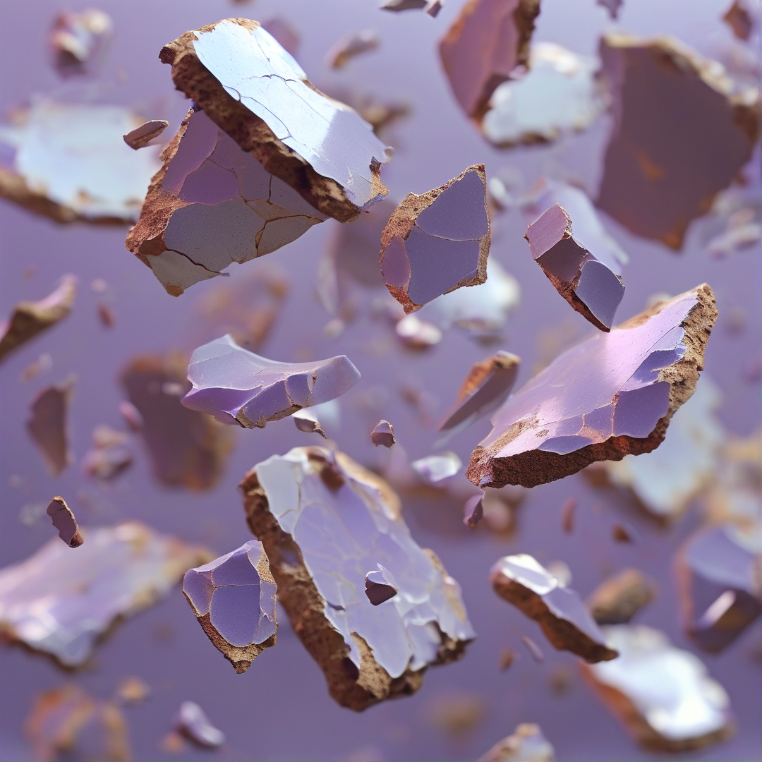 Shattered white and brown fragments suspend in a hazy purple environment revealing cracked surface details.