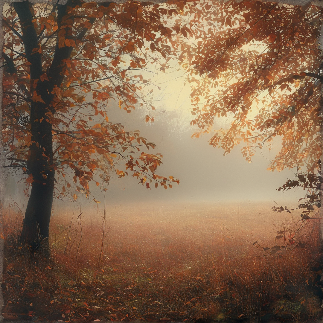 Dark oak tree frames foggy autumn valley at dawn, warm light filters through russet orange fall foliage above the grassy field.