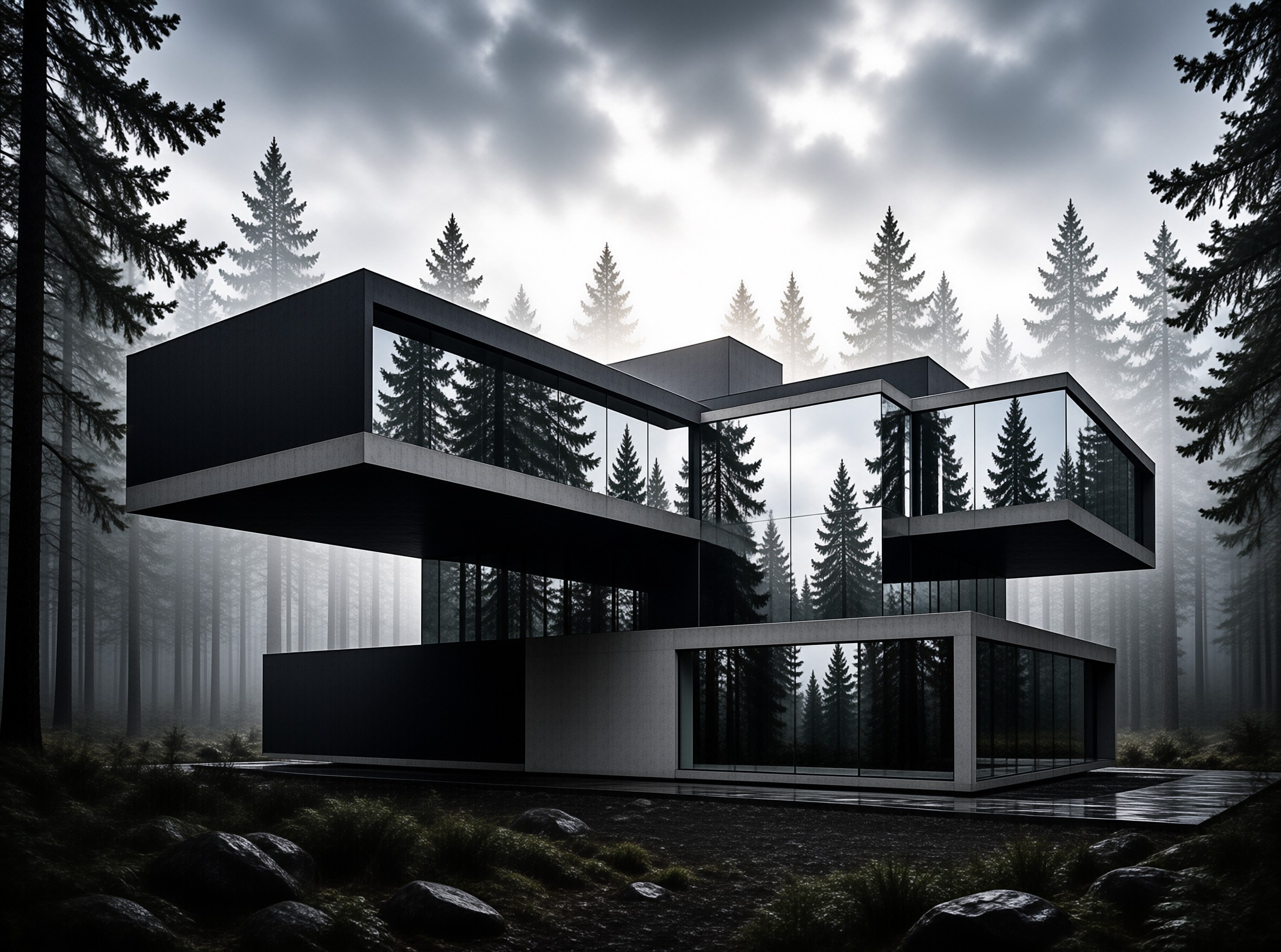 Modern multi-story residence with reflective glass walls situated within a misty coniferous forest under cloud cover.