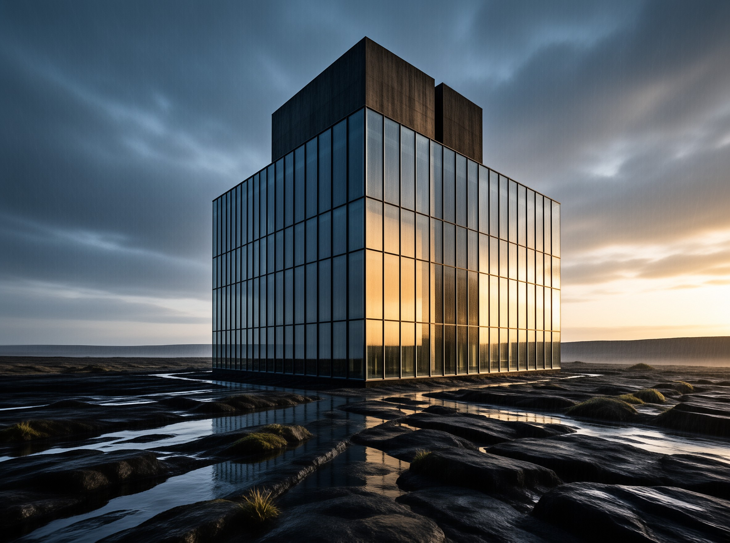 Glass Cube in Rocky Landscape