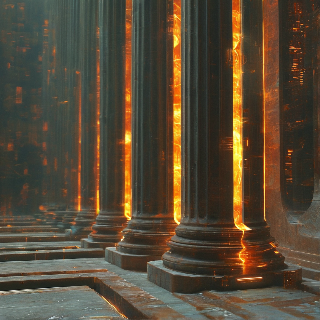 Dark fluted pillars stand in a dim hall with bright orange fire glowing from the gaps between them.