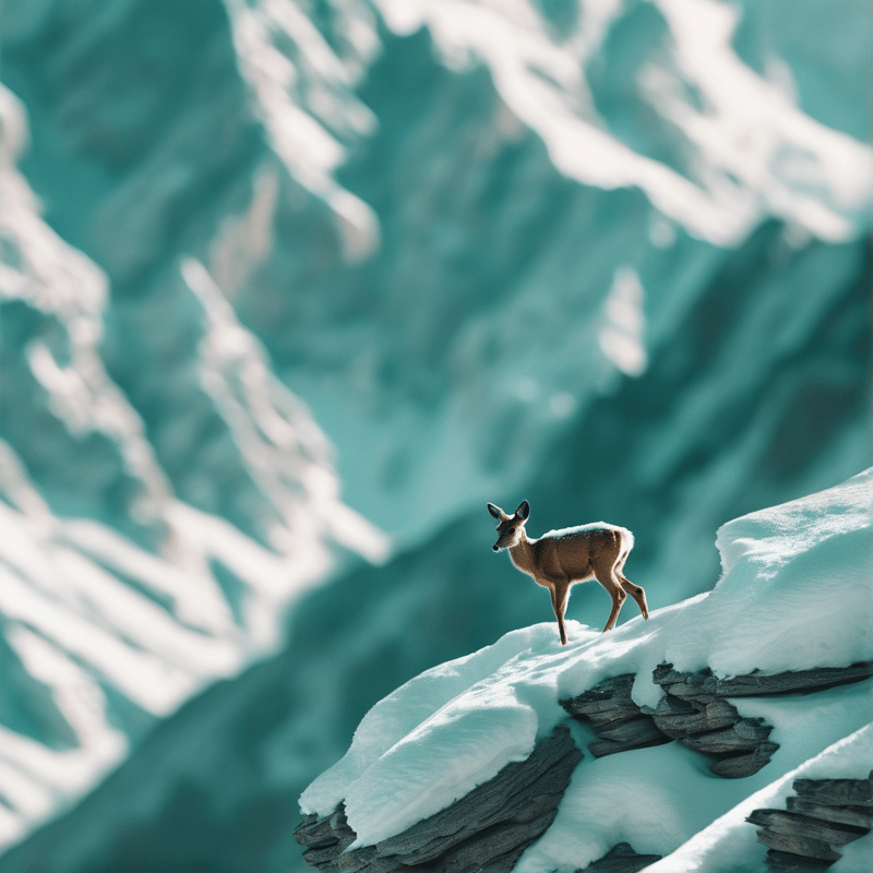 A small brown mountain goat stands on a snow-covered ledge against blurred blue-green slopes in the background.