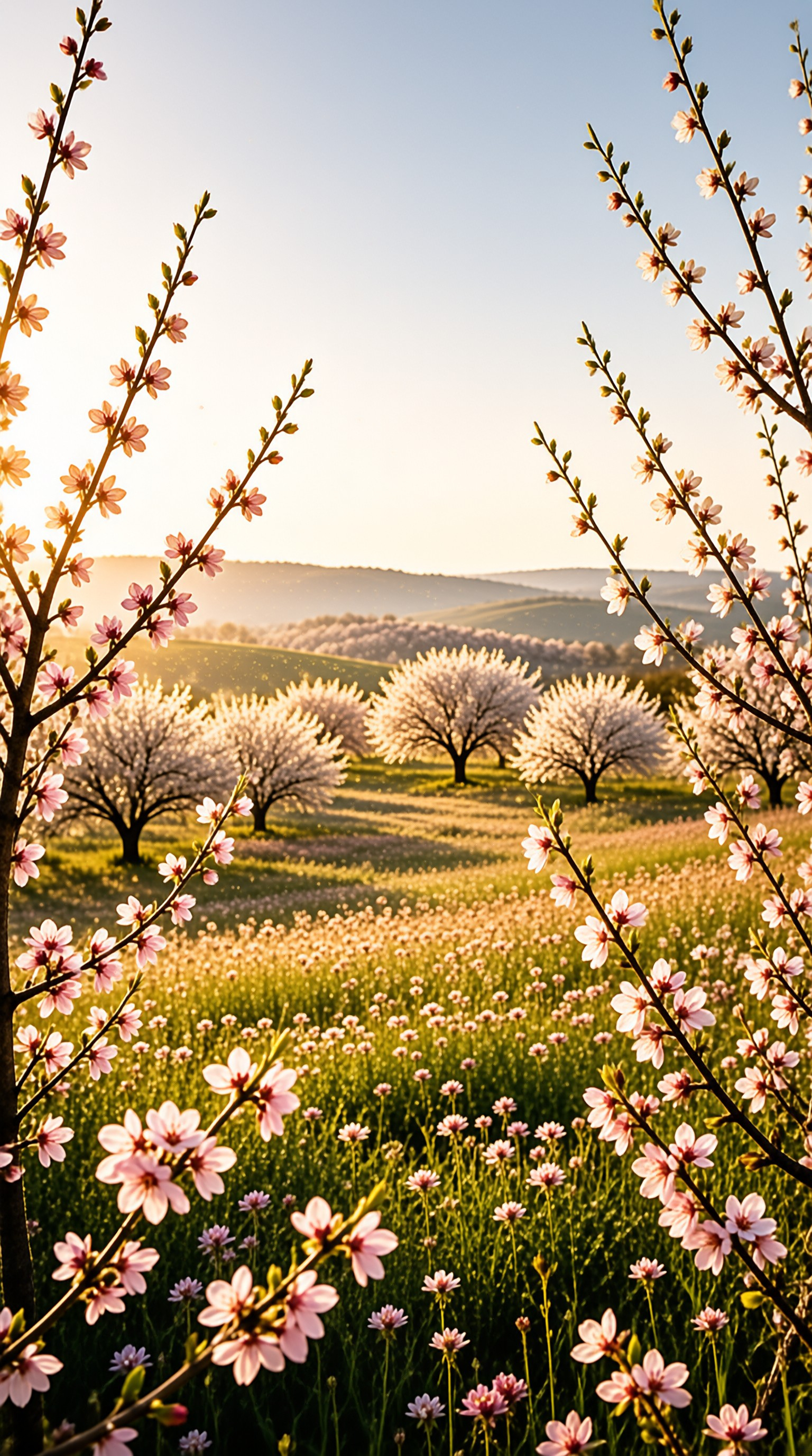 Rows of white blossomed fruit trees dot a green meadow as pink blossom branches frame the glowing scene.