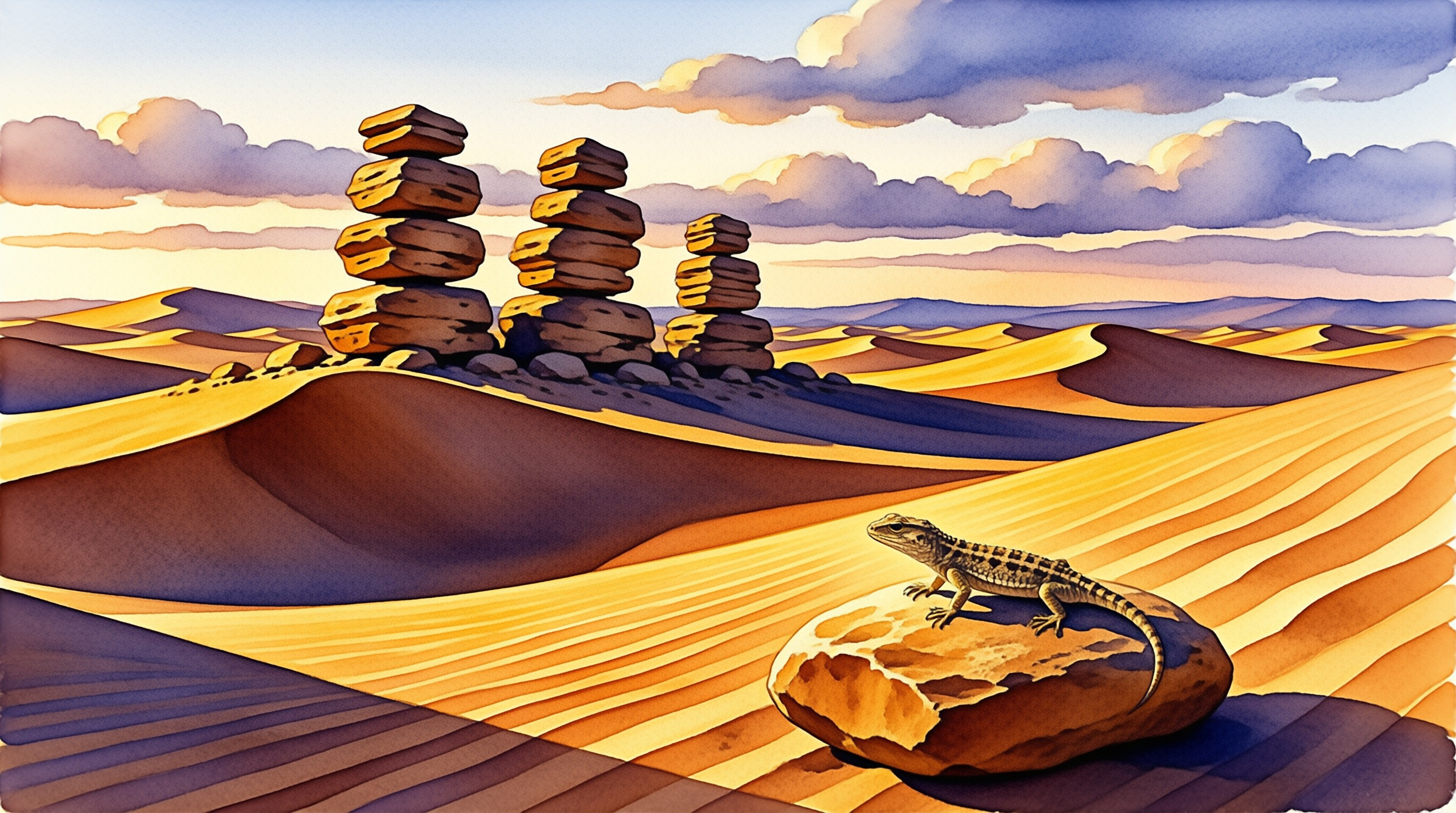 Painted stacks of flat stones rise over rippled orange dunes while a small spiny lizard basks on a boulder in front
