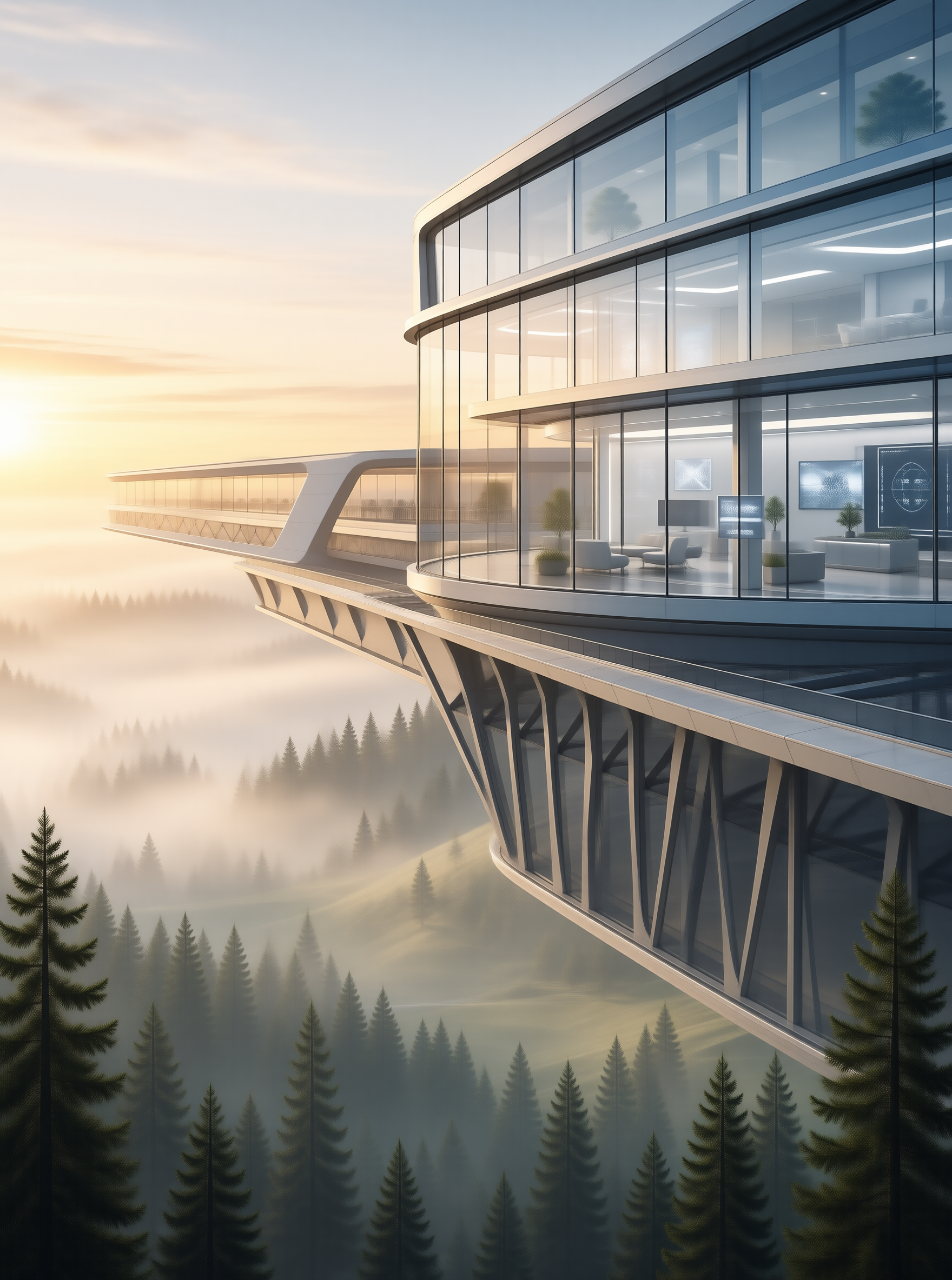 Futuristic Glass Building Above Misty Forest