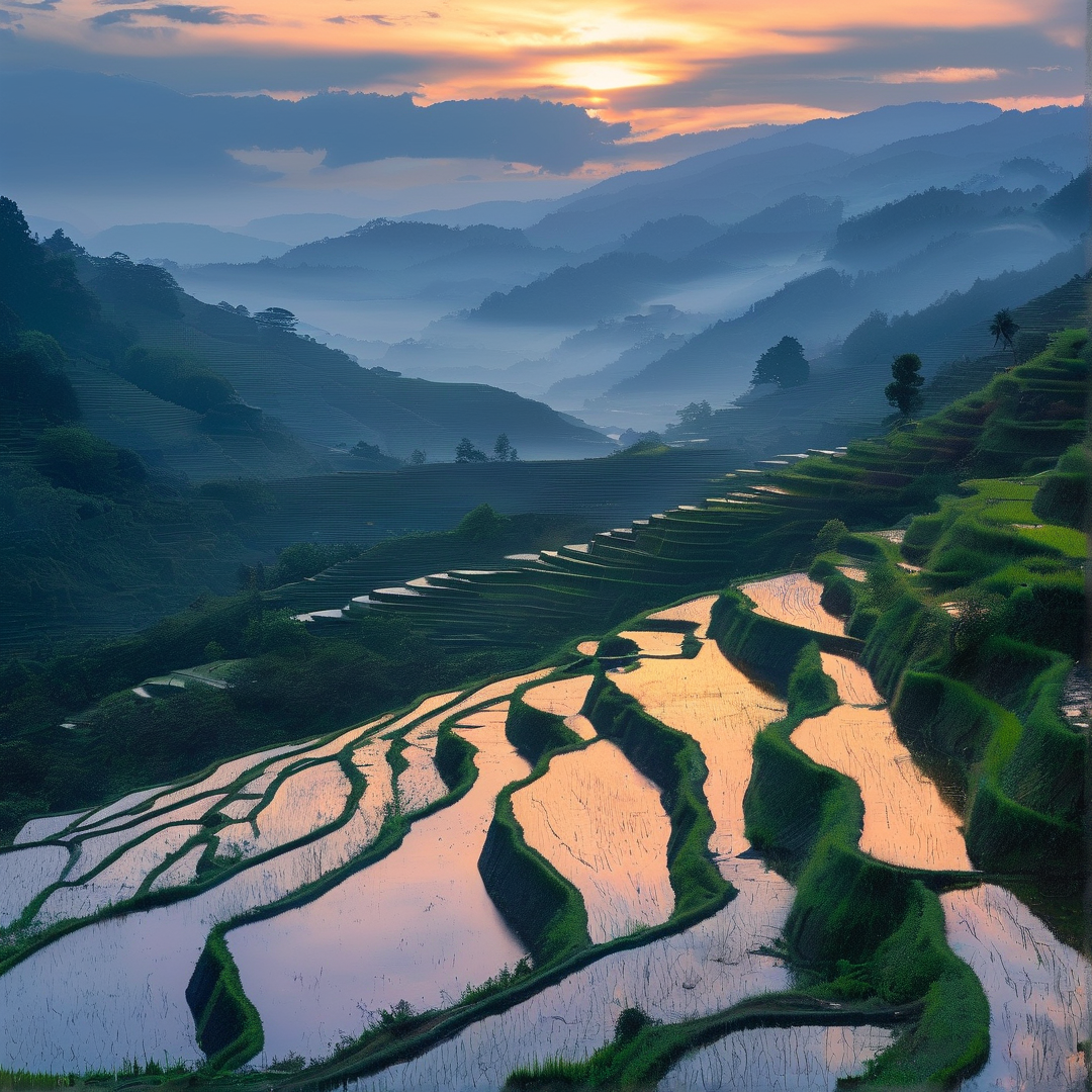 Sunrise Over Rice Terraces