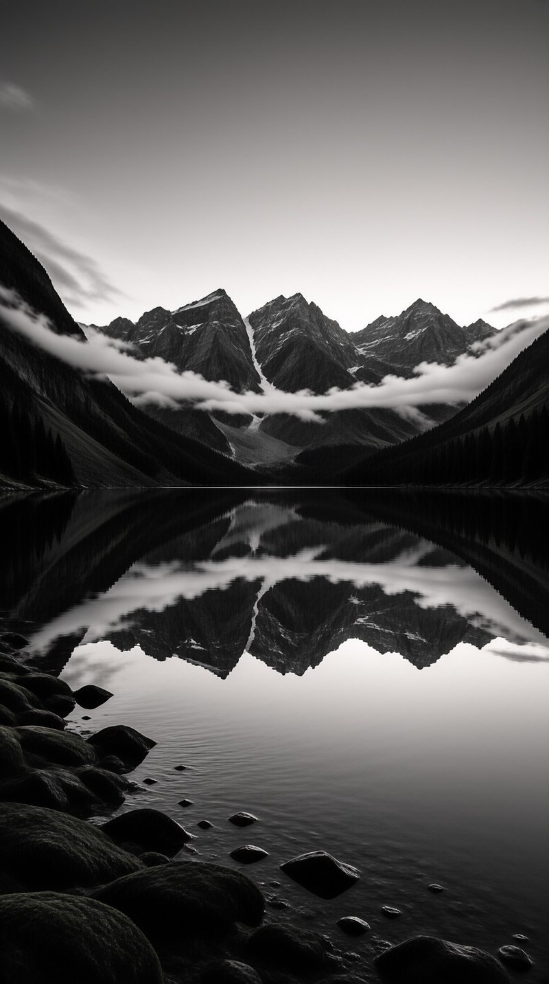 Black and white view of mountain peaks wrapped in clouds casting a reflection onto the dark surface of a calm lake.