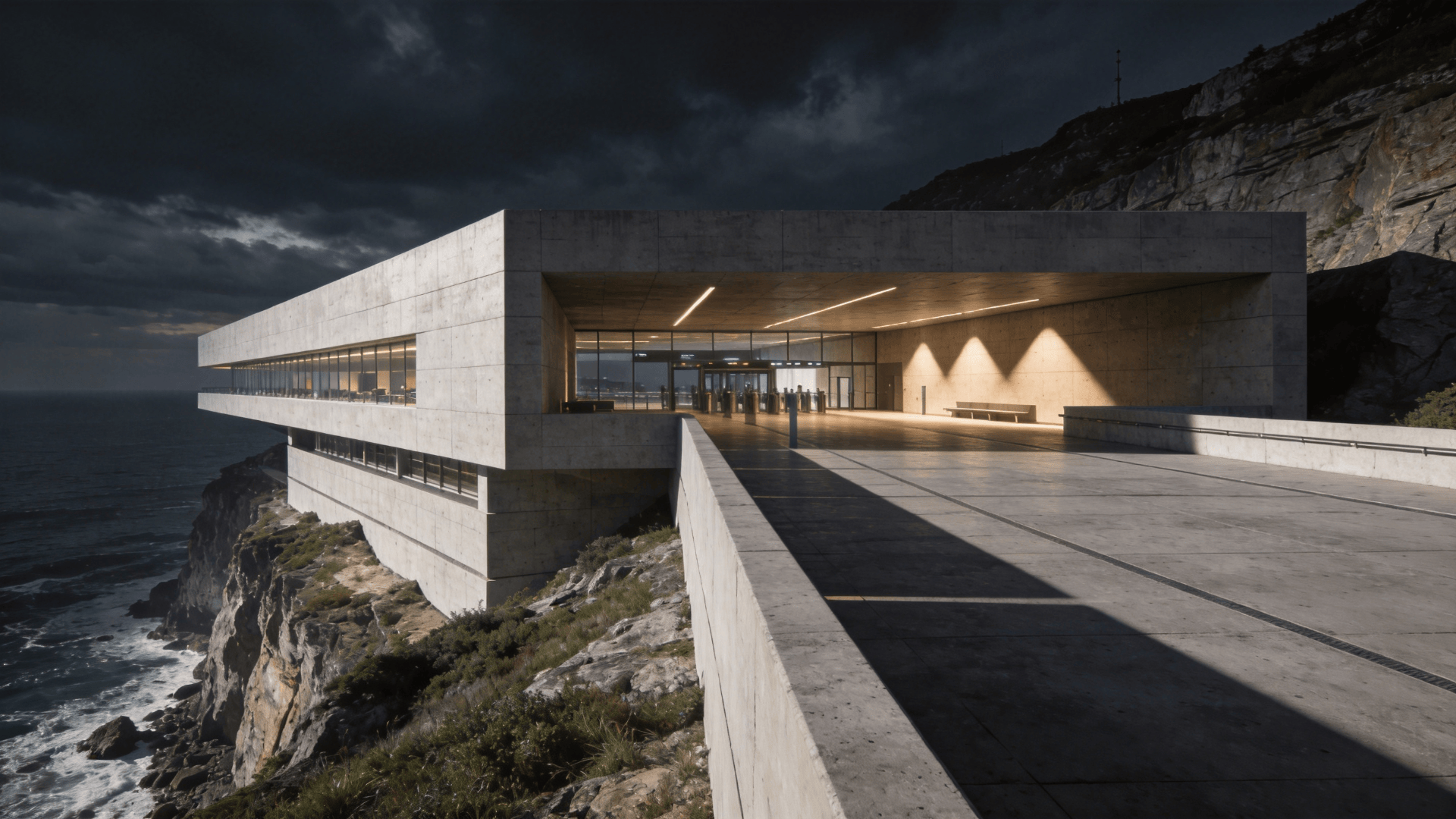 Terminal with Brutalist Massing — Coastal Cliff