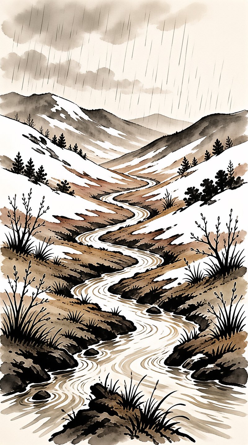 A sepia-toned ink wash illustration of a winding river flowing through a snowy mountain valley under a rainy sky.