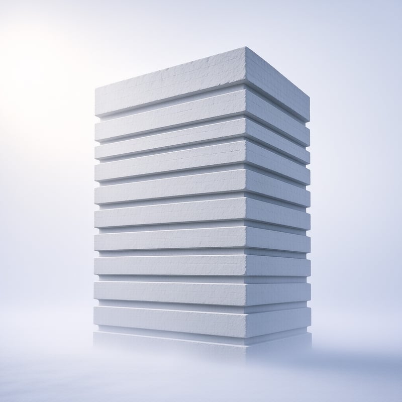 A tall stack of smooth white rectangular slabs rests on a reflective surface against a soft gradient backdrop