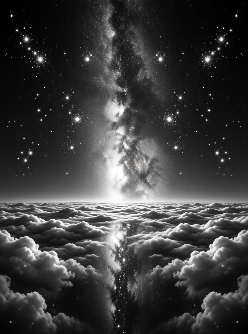 The Milky Way climbs over a rolling sea of clouds, mirrored by a shimmering path across the monochrome night sky.