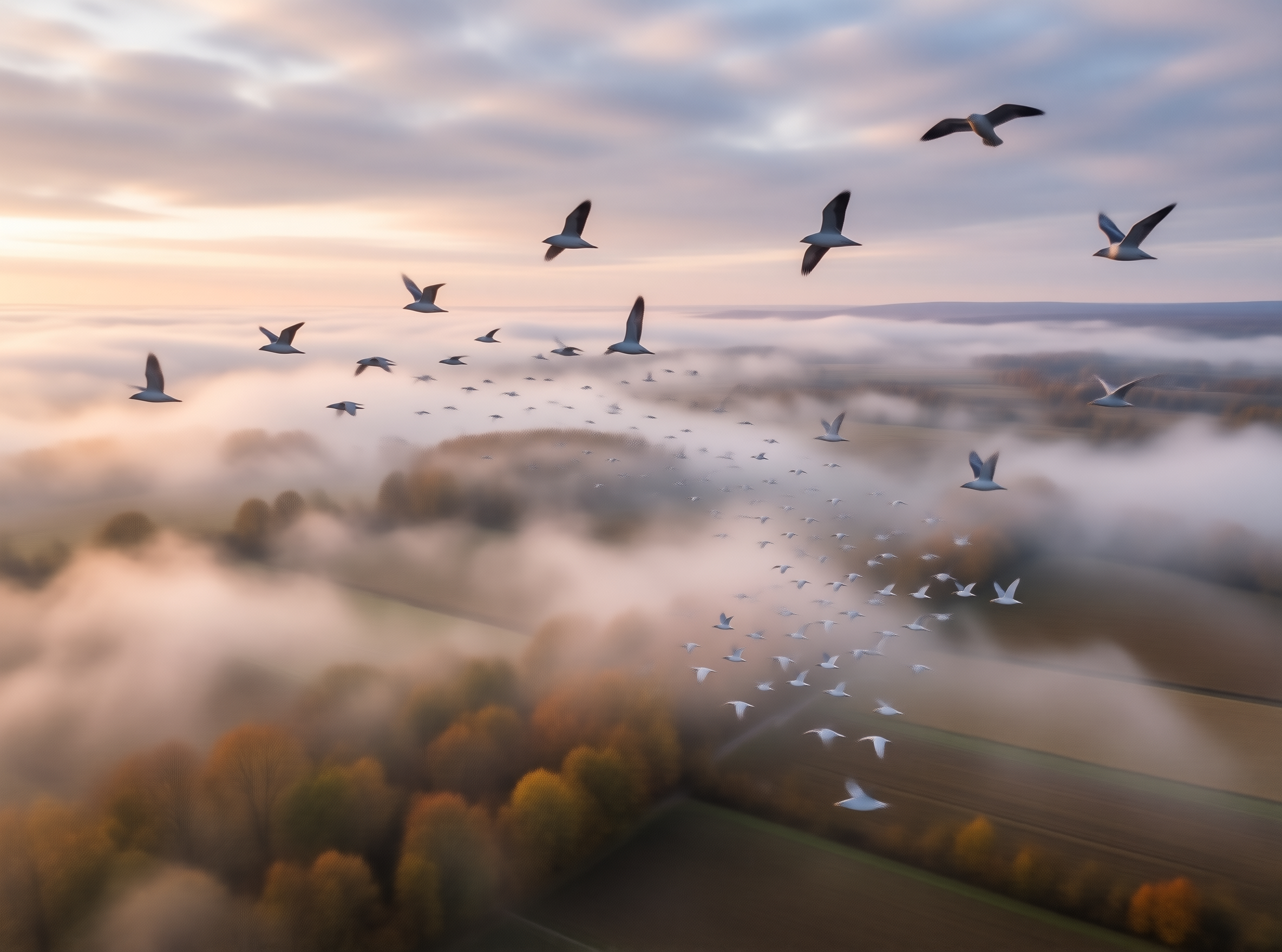 Flock in Misty Landscape