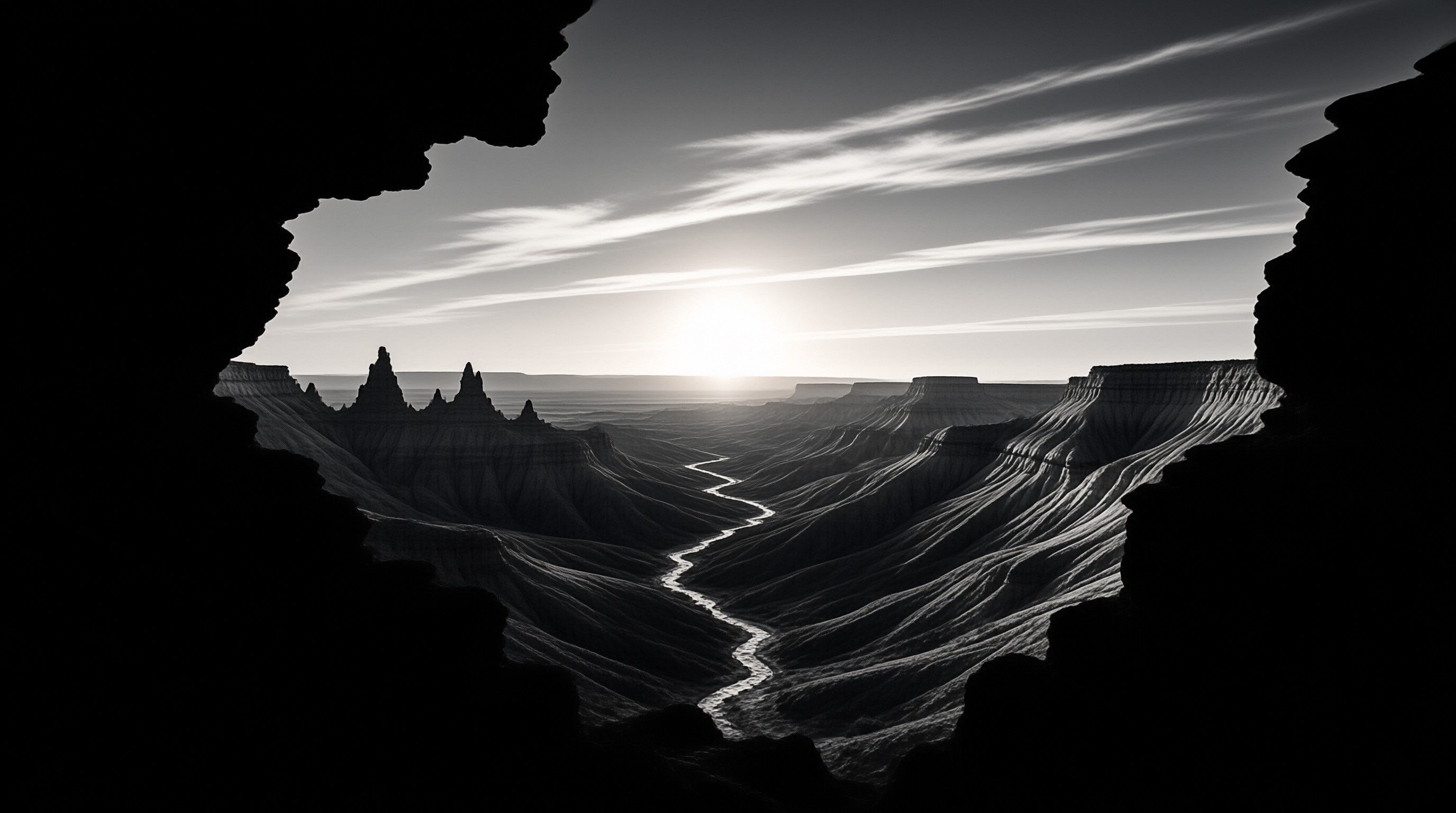 Black and white landscape of a winding river valley seen through a dark rock opening with sunlight on the horizon.